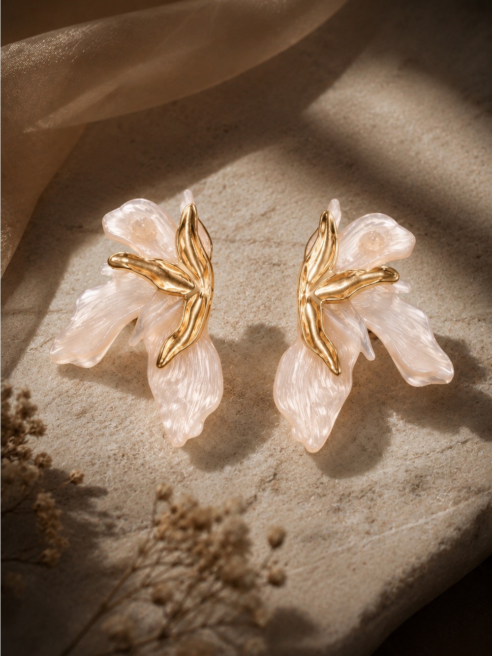 Gold tone and Pearl Pink Floral Petal Drop Earrings - Picture 5 of 11